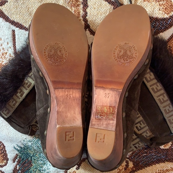 FENDI Logo Wood Platform Fur Lined Brown Winter Boots 37 studded Rare - Picture 8 of 14